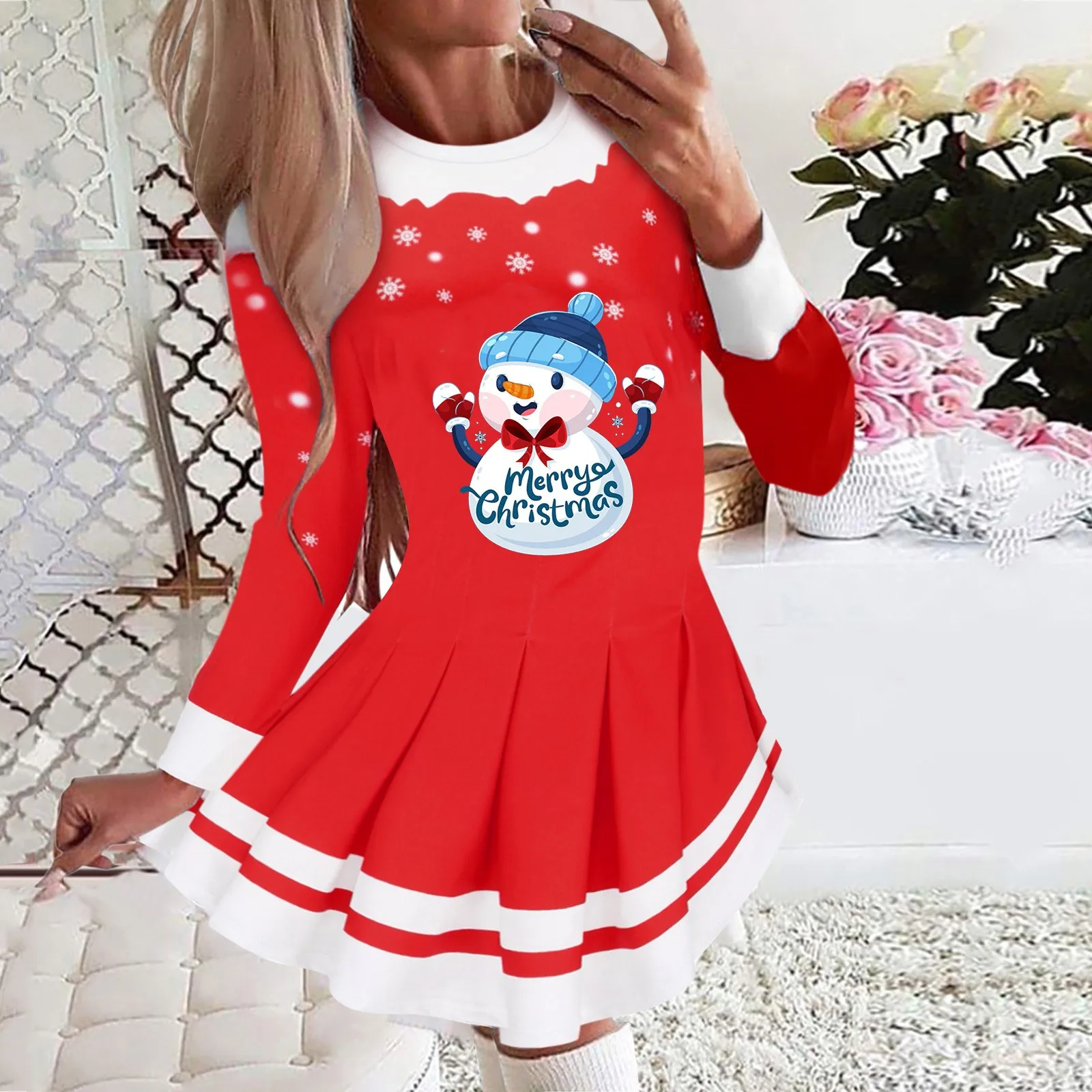 

Women Christmas Dress Snowman Print Long Sleeve Pleated Ladies Party Dress Elk Snowflake Print Xmas New Year Party Dress Vestido