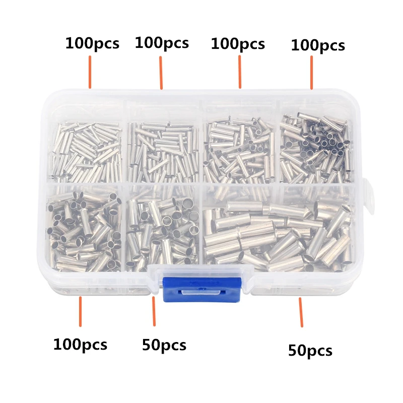 600Pcs 0.5Mm2-6Mm2 22-10 AWG Non-Insulated Wire Connector Ferrules Electrical Cable Terminal Copper Bare Tinned