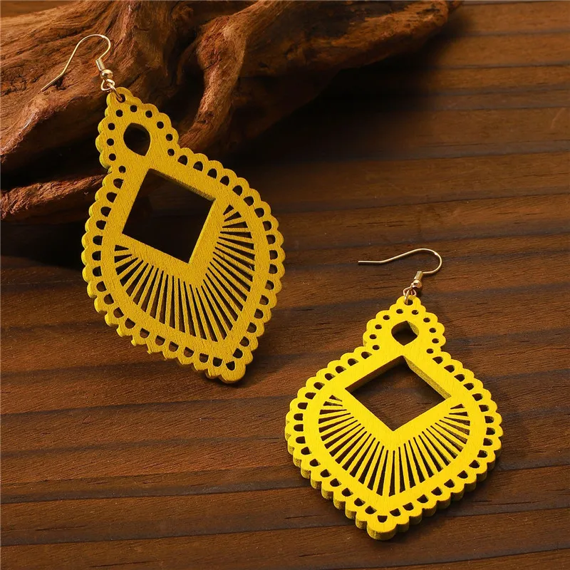 Yellow Black Brown Color Wooden Earrings Vintage Geometric