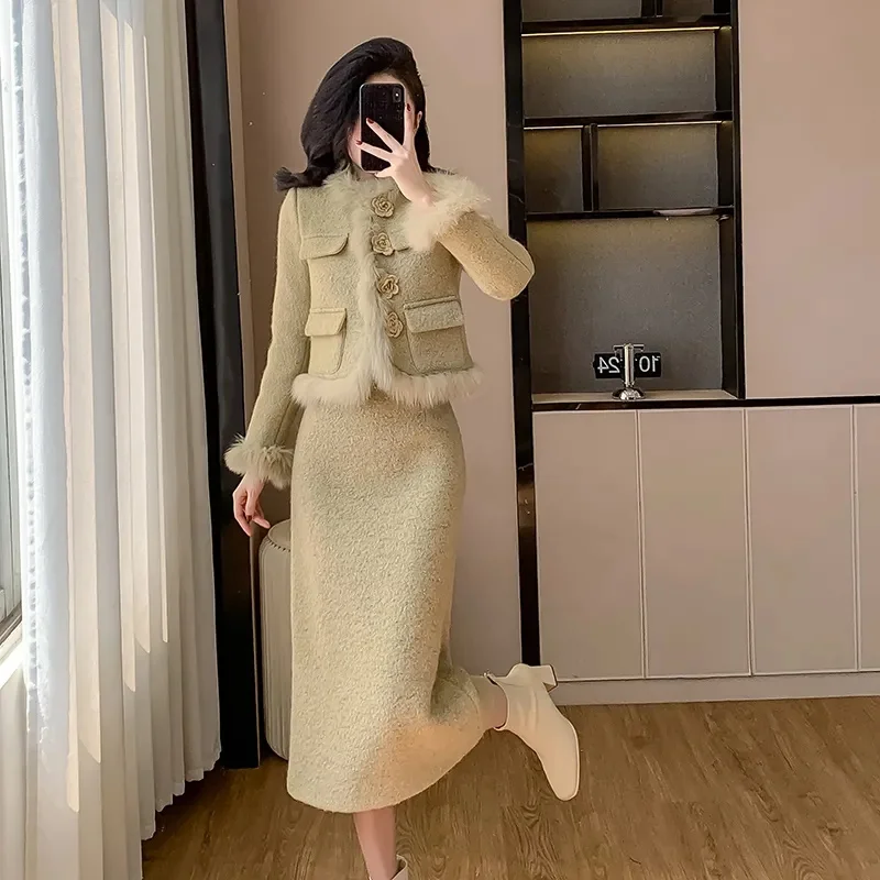 Winter Light Luxury Temperament Thickened Jacket Woolen Skirt High-End Long Skirt Set Mujer Three-Dimensional Decorate Coat Pink