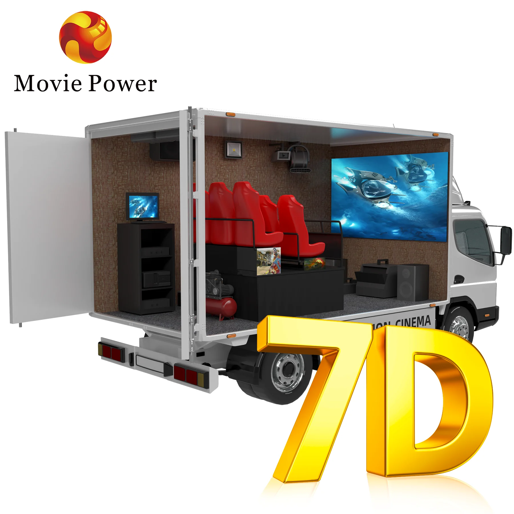 MoviePower Cinema 7D Parco a tema di divertimento Realtà virtuale Cabina Cinema Camion 5D Cinema mobile Film Simulatore di attrazione 7D