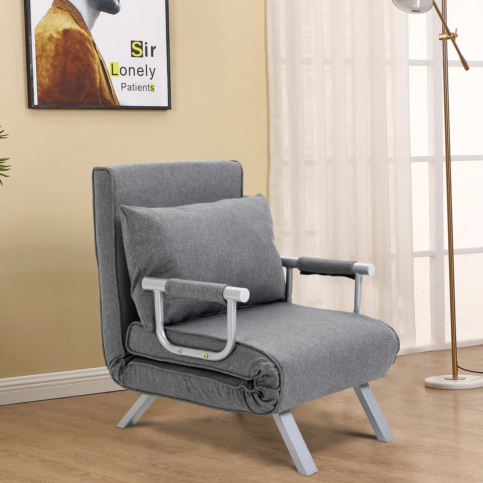 Modern Futon Sofa Lounger Couch withAdjustable Backrest & Comfy Pillow, Light Grey
