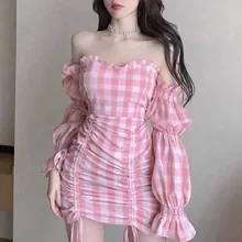 

Women Long Flare Sleeve Plaid Slash Neck High Waist Sweet Feminino Vestidos Elegant Off Shoulder Fashion Y2K платье Mini Dress