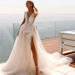 Elegant A-Line Wedding Dresses V-Neck Appliques Tulle Bridal Dress White High Split Backless For Women Customize To Measures