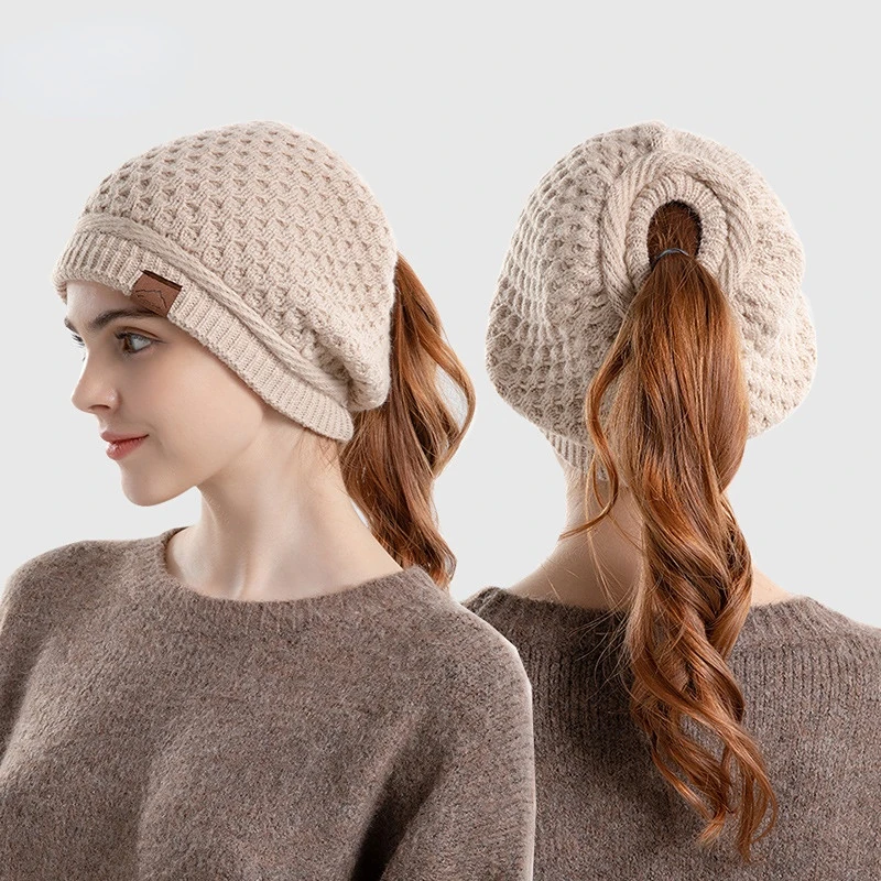 New Women Ponytail Hat Warm Slouchy Loose Knitted Hat with Hole Solid Color Beanie Home Outdoor Convenient Ear Protection Bonnet 2