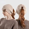 New Women Ponytail Hat Warm Slouchy Loose Knitted Hat with Hole Solid Color Beanie Home Outdoor Convenient Ear Protection Bonnet 2