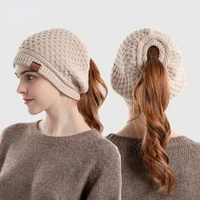 New Women Ponytail Hat Warm Slouchy Loose Knitted Hat with Hole Solid Color Beanie Home Outdoor Convenient Ear Protection Bonnet 2