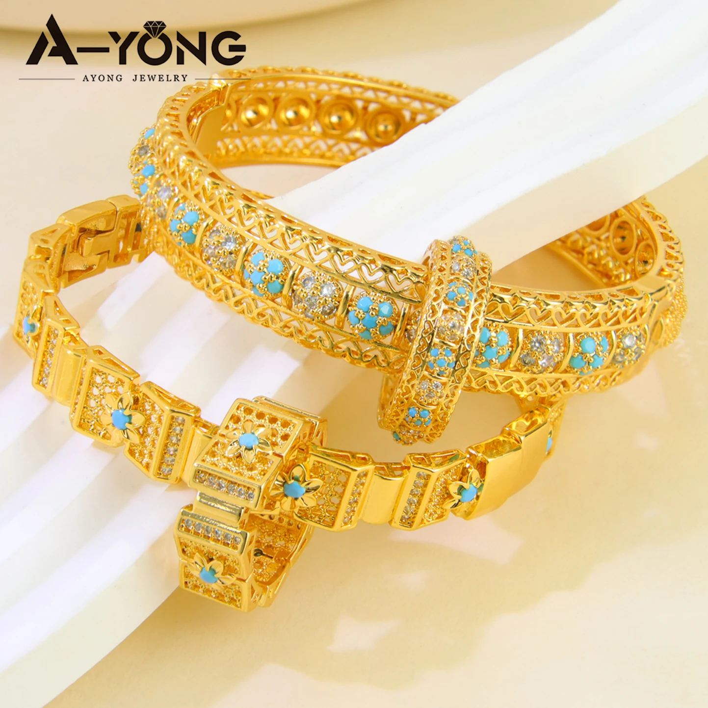 Luxus Dubai Gold Hochzeit Schmuck Set 21k vergoldet italienische Mode Manschette Armband Ring äthiopische Frauen Party Armreifen