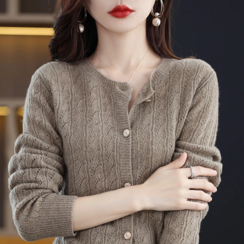 

Cashmere Cardigan Women All Season New 100% Wool Sweater Casual Solid Color Knitted Crewneck Jacket Loose Hollow Ladies Tops