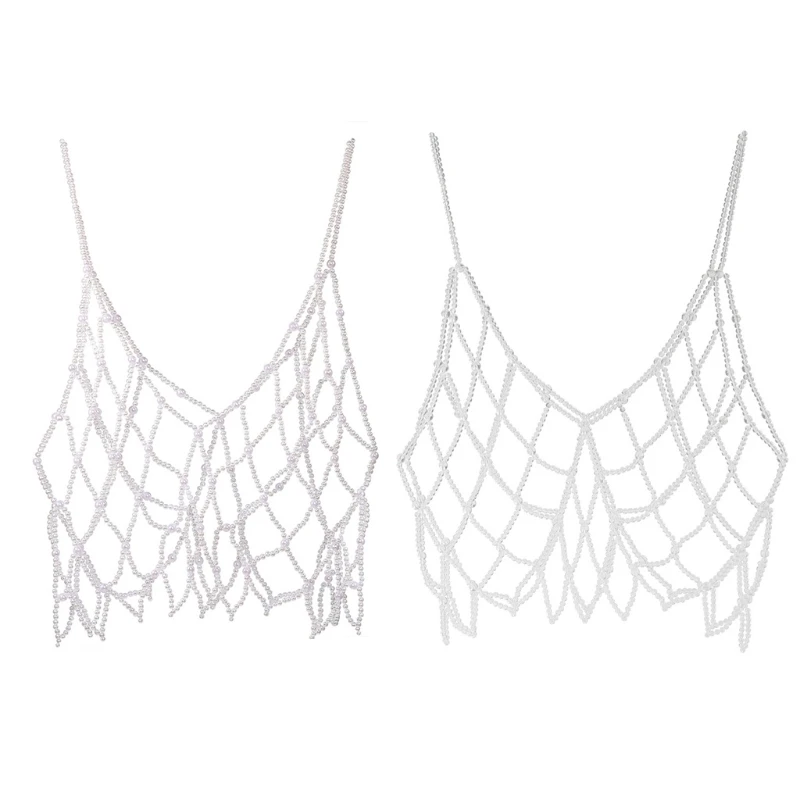 

Women Handmade Woven Body Chain Camisole Imitation Pearl Crystal Beaded Vest Hollow Out Mesh for Tank Top Club Body Jewe