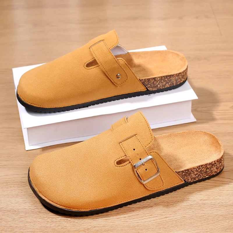 Unisex Suede Clogs with Adjustable Buckle and Cork Footbed