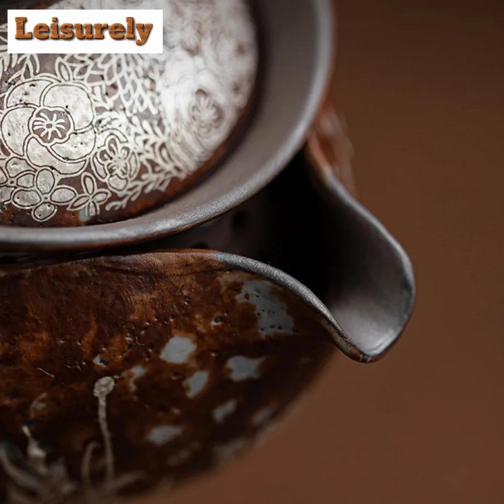 190ml Retro Flower Gilded Silver Hand Grasping Pot Old Rock Mud Treasure Bottle Pot Coarse Pottery Filter Kettle Kung Fu Teaset