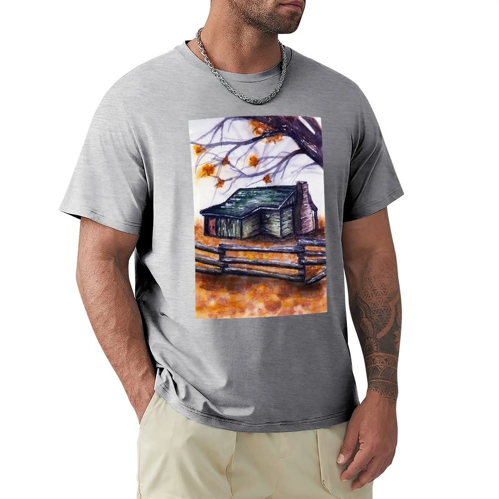 

Little cabin with Autumn leaves watercolour painting T-Shirt vintage clothes anime clothes mens t shirts casual stylish