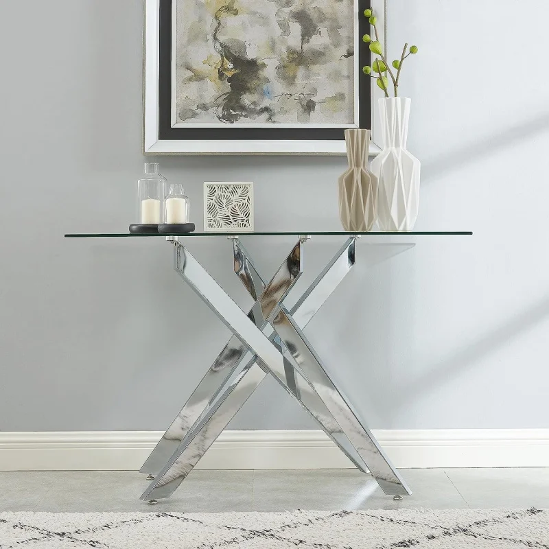 

Modern Style Console Table Narrow Sofa Table with Tempered Glass Top and Metal Tubular Legs, 45" Lx18 Wx30 H, Silver