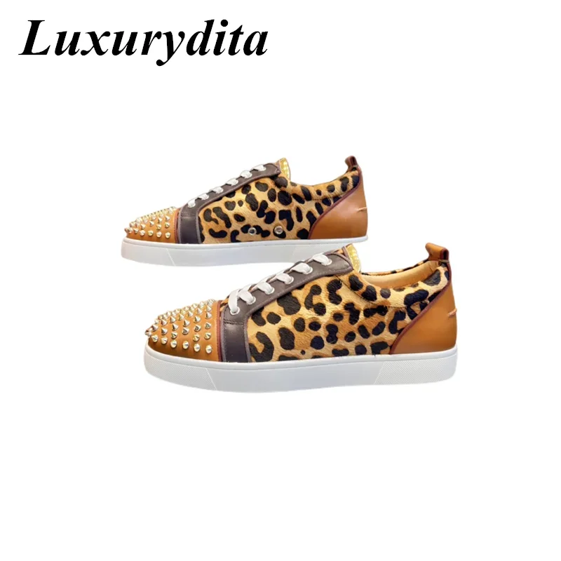 LUXURYDITA Designer Men Casual Sneakers Real Leather Rivet Luxury Womens Tennis Shoes 35-47 Fashion Unisex loafers HJ544