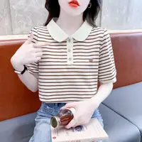 Polo Neck T Shirt for Women Striped Summer Outfit Baggy 90s Vintage Japanese Fashion Clothes Women's Clothing 2025 Woman Tshirt - Image 3