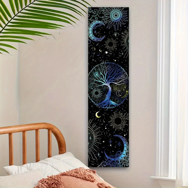 Tapisserie d'art arbre de vie bleu pour salon chambre à coucher, tapisserie esthétique verticale soleil lune tenture murale colorée, décoration de maison 3