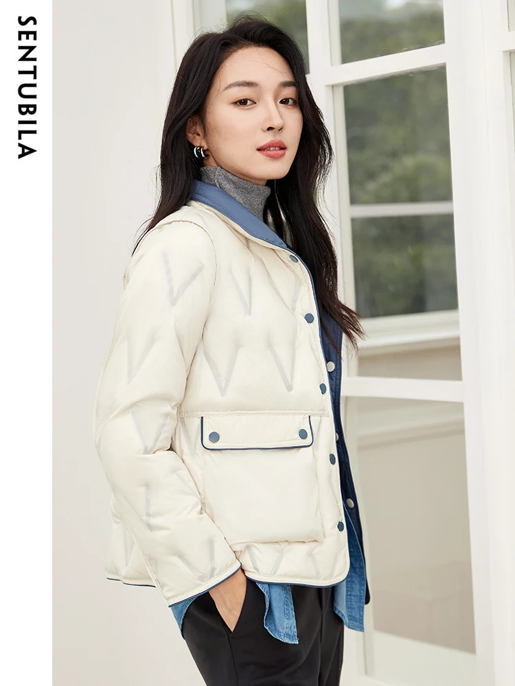 SENTUBILA Women's 90% White Duck Crop Down Jacket 2023 Winter Elegant Stand Collar Down Coat Reversible Wear Outwear W34Y49563
