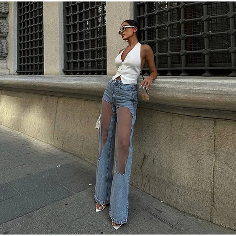 2025 Designer Women's Jeans Pant Blue Denim with Sheer Mesh Knee Panels Hip Hop Style Distressed High Waist Streetwear Trousers 3