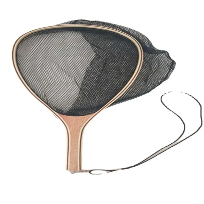 1pc Wood Handle Scoop Net Fly Fishing Catch Net Rubber Fishing Net Lure Rafting Scoop Net New Hand Catch Net Fishing Gear