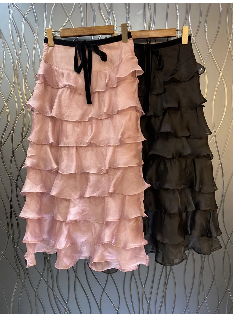 

New 2023 Summer Hot Sale Long Skirts High Quality Ladies Color Block Bow Deco Cascading Ruffle Skirts Pink Black Elegant Skirt