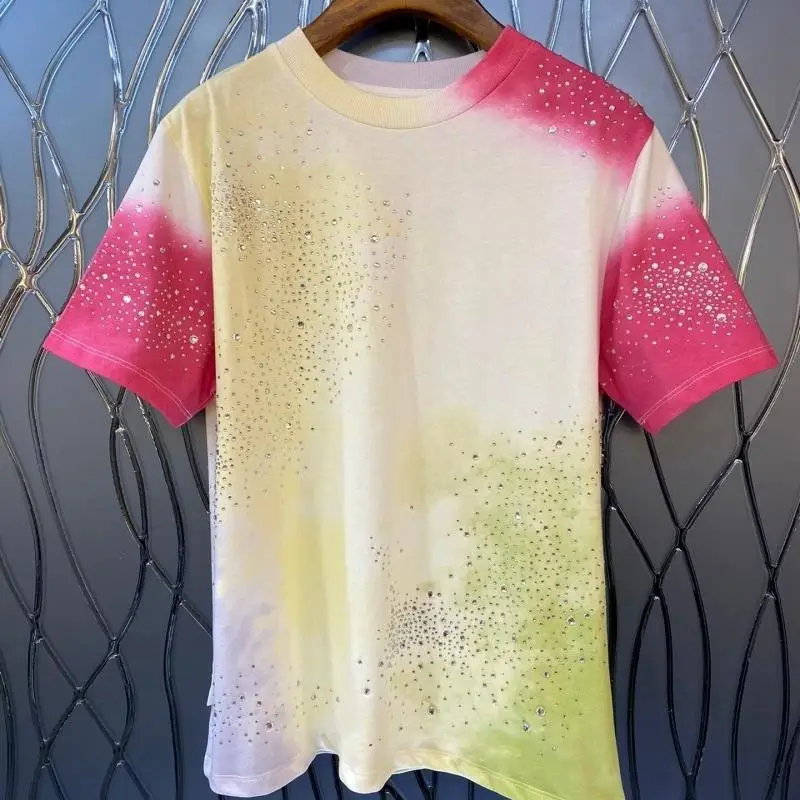 

Fashion Designer Casual Half Sleeved Diamond Beading Tees Tie Dyed Loose Short Sleeved T-Shirt for Women's Top 2023 Summer