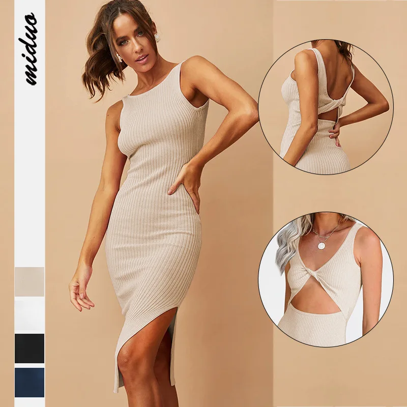 

Women Sexy Backless Tank Dress Sleeveless O-Neck Side Split Long Maxi Dress Summer Ladies Slim Ribbed Knit Bodycon Dresses