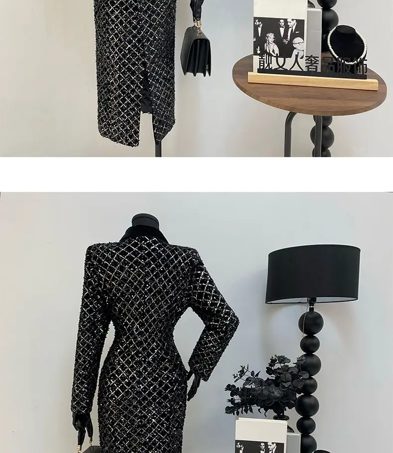 Black Sequined Thickened Women's Cotton Jacket 2025 New Winter Warm Elegant Fashionable Lapel High Quality Women Warm Coat H663