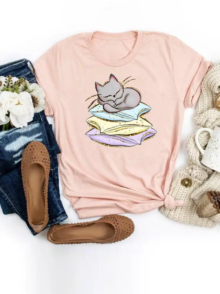 

Women Short Sleeve Fashion Summer Graphic Tee Print Clothing T-shirts Cat Sleep Cute Style Cartoon Shirt Female T Top