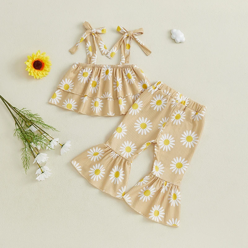 Kids Girls 2 Piece Outfits Floral Print Tie up Straps Sleeveless Camisole and Elastic Flared Pants Summer Clothes