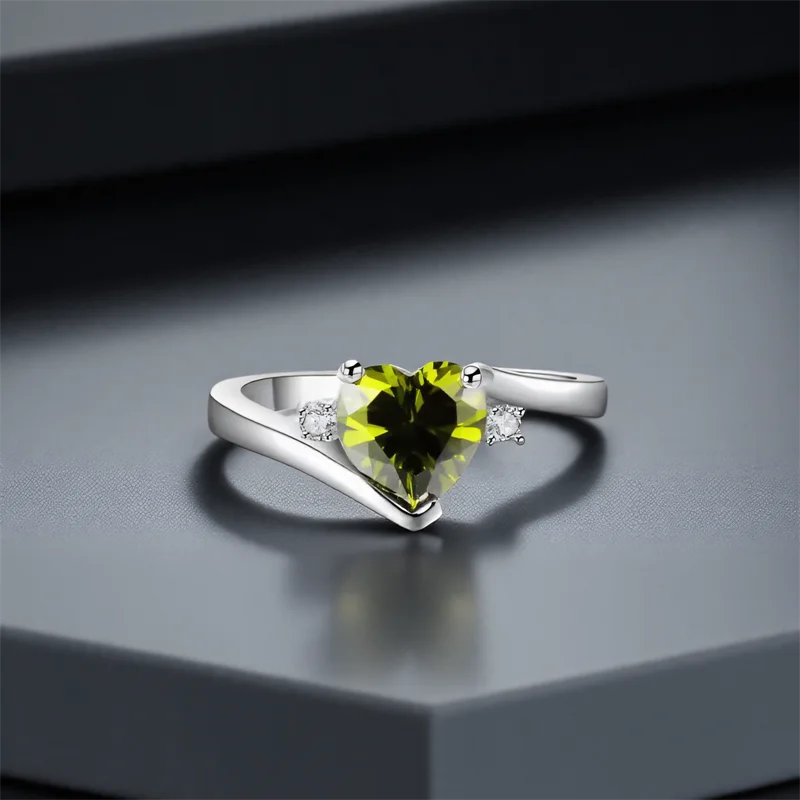 Olive Green Zircon Heart Stone Engagement Rings For Women Vintage Silver Color Wedding Bands August Birthstone Jewelry Girl Gift