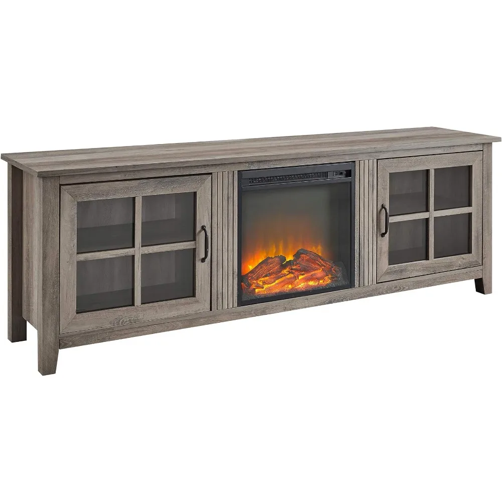 

Walker Edison Bern Classic 2 Glass Door Fireplace TV Stand for TVs up to 80 Inches, 70 Inch, Grey Wash