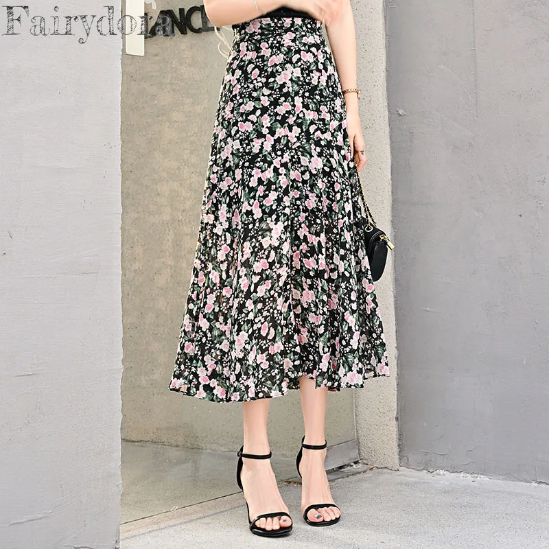 

Fishtail Printing Long Skirts for Women, Elegant Fashion, High Waist, A-line, Floral Chiffon, Ruffles Mermaid Skirt