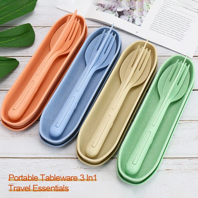 Friendly　Set　Portable　Spoon　Set　Set　Dinnerware　With　Fork　3In1　Picnic　Cutlery　Eco　Camping　Straw　Wheat　Tableware　Knife　Travel　Case　AliExpress
