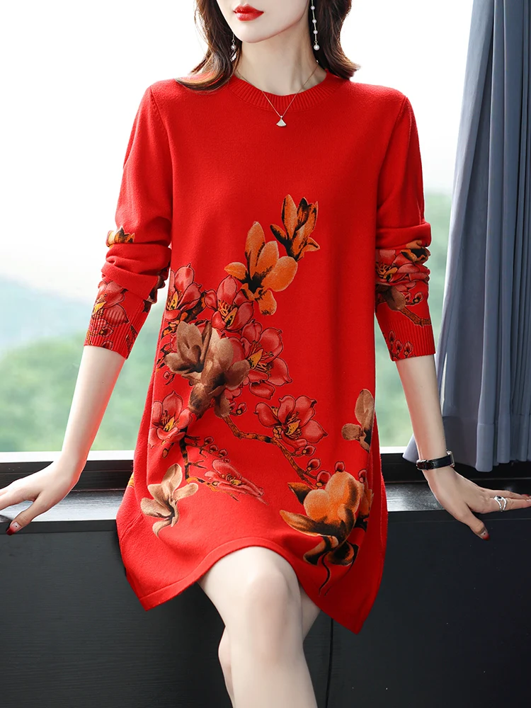

Floral Print Sweaters Dress Spring Womens Clothing Long Sleeve Tops Femme Pullover Elasticity Loose Sweater Women