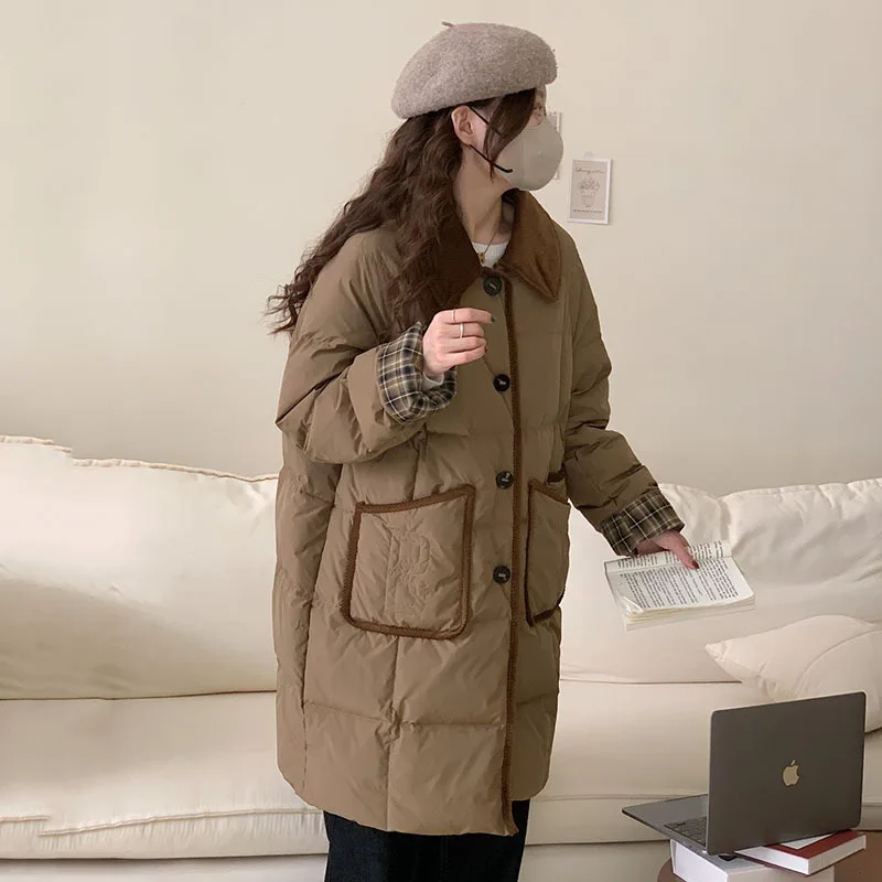 

2023 90 Velvet down Jacket Women's Long Loose Casual Thickening Corduroy Color Stitching Turnover Neck Bread Coat
