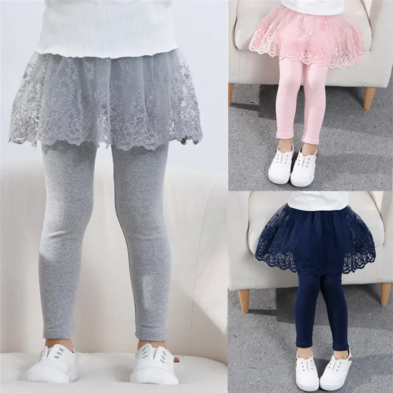 Kids Black Pantsgirls Cotton Lace Leggings - Solid Color Spring