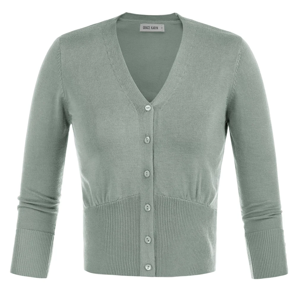 

GK Women Ribbed Hem Sweater Cardigan 3/4 Sleeves V-Neck Cropped Knitwear