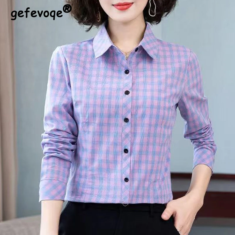 New Women Vintage Classic Plaid Elegant All Match Button Shirts Spring Autumn Fashion Office Lady Basic Blouses Long Sleeve Tops