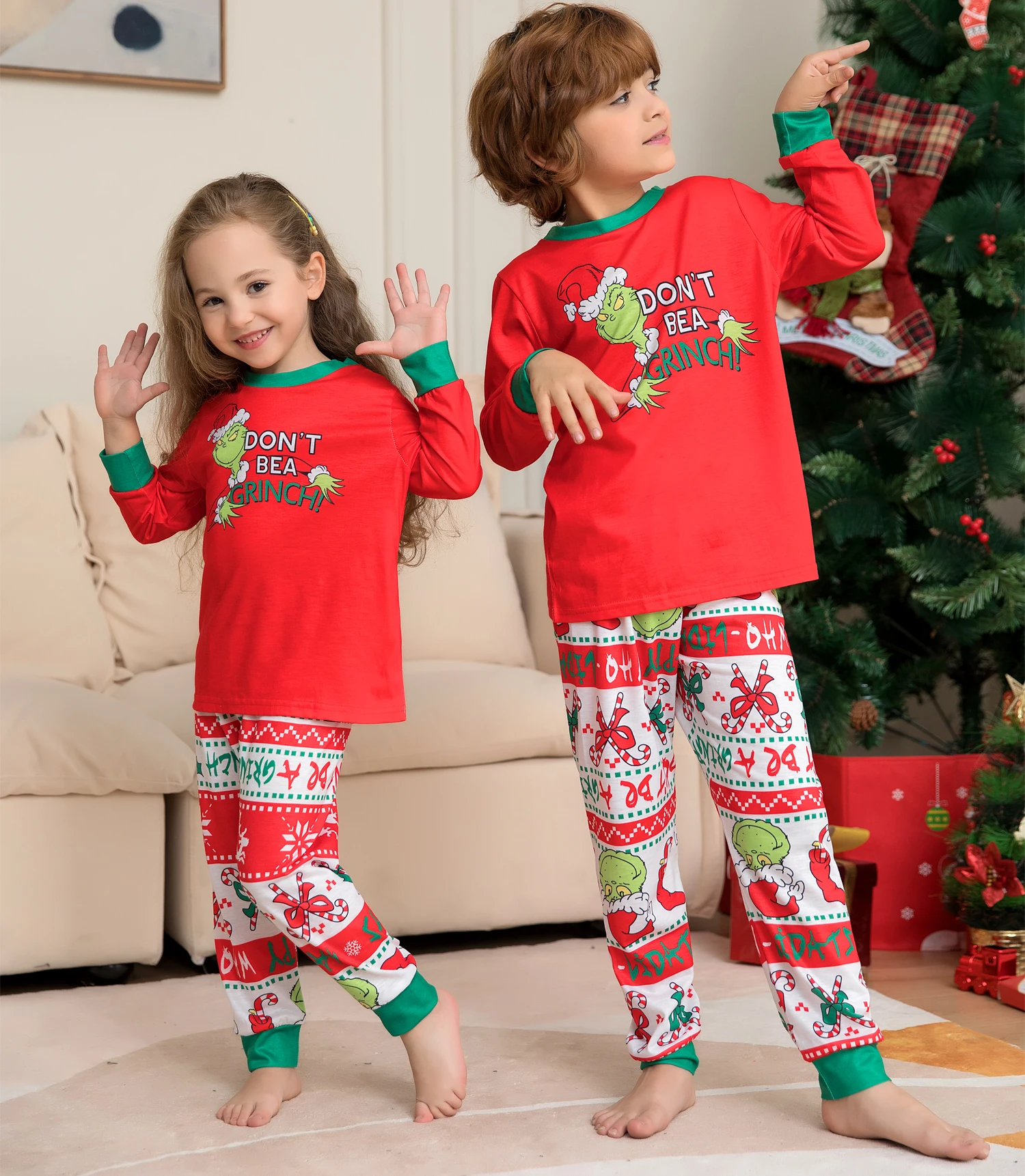 Monster Print Pajama Set Christmas Parent-child Outfit Long Sleeve Crew Neck Top&