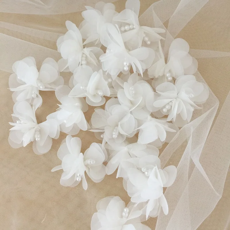 10PCS HEIßER 3D Perle Blume Chiffon Patches DIY Nähen Applique Tuch Kleid Hochzeit Haarnadel Kopfschmuck Decor Off weiß rosa Blau – Detail 1