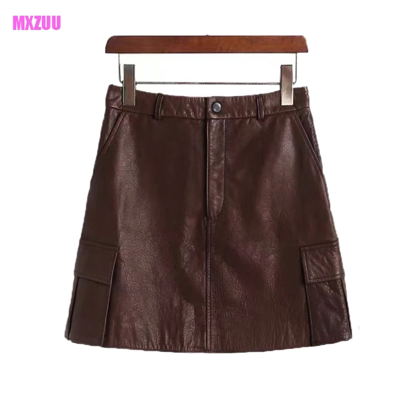 

Leather Skirts for Women Spring Summer Fashion High Waist American Frock Skirt Pocket Reddish Brown Slim Sheepskin Mini Flada