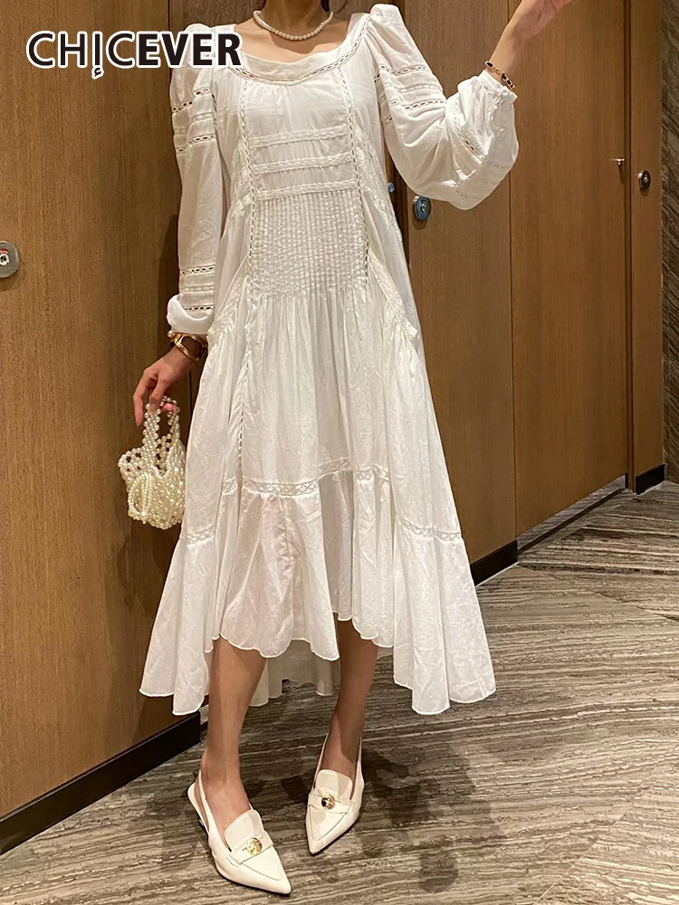 

CHICEVER Solid Elegant Dresses For Women Round Neck Long Sleeve High Waist Loose Folds Embroidery Casual Spring Dress Female New