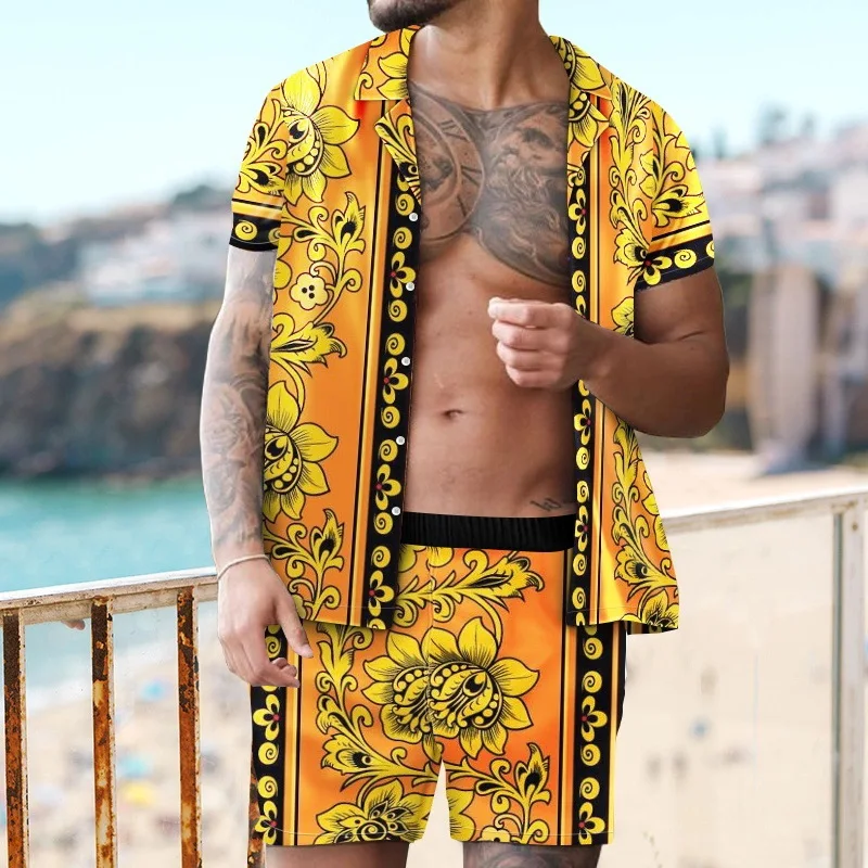 남성용 빈티지 하와이 반팔 셔츠 세트, 해변 스타일, 3D 프린트, 럭셔리 여름 세트 칼라, 짧은 하와이 바지, 2 개 세트