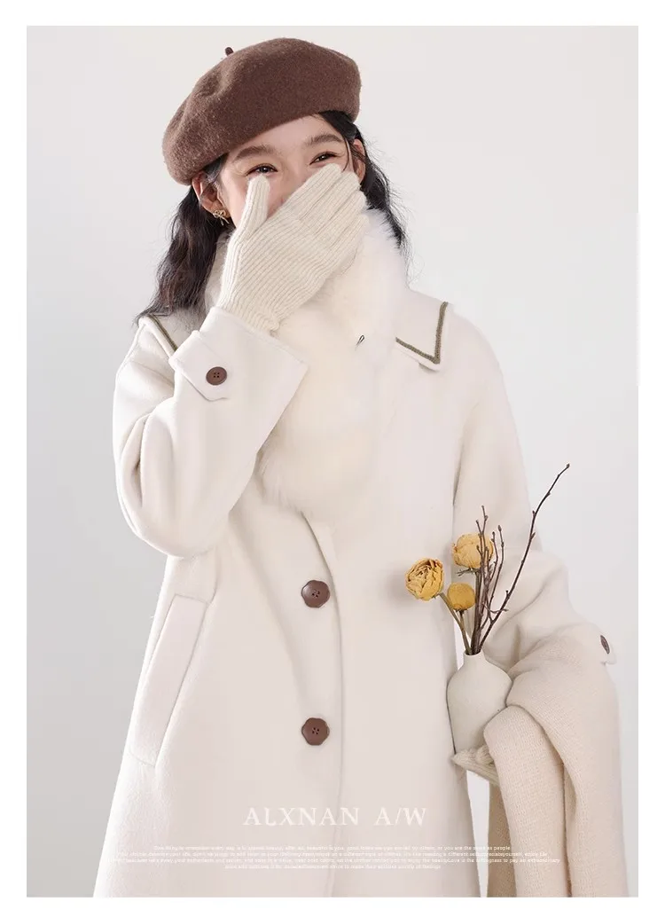 

Sweet Temperament Lazy Style Warm Coat Winter Korean Women Faux Woolen Coats Fashion Elegant Solid Color Loose Long Jacket