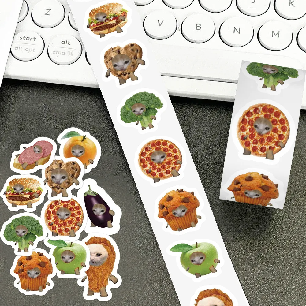 500PCS/Roll 재미 있고 인기있는 음식 고양이 머리 씰링 낙서 스티커 자전거 손 계정 연필 케이스 데칼