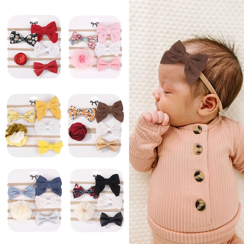 

Cute Toddler Baby Girl Headbands 5Pcs Set Print Bowknot 3D Flower Hairbands Elastic Soft Headwear Hair Accessories Kids Headweap