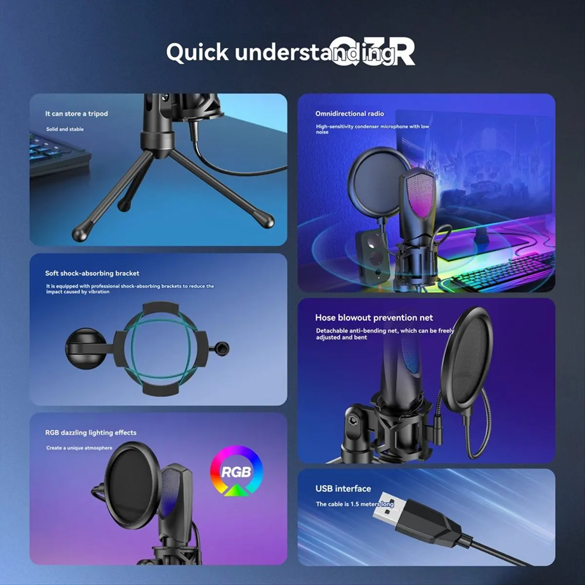 A10R 데스크탑 USB 콘덴서 마이크 RGB 게이밍 마이크 라이브 스트리밍, 노래방, 게임, 화상 회의용 마이크