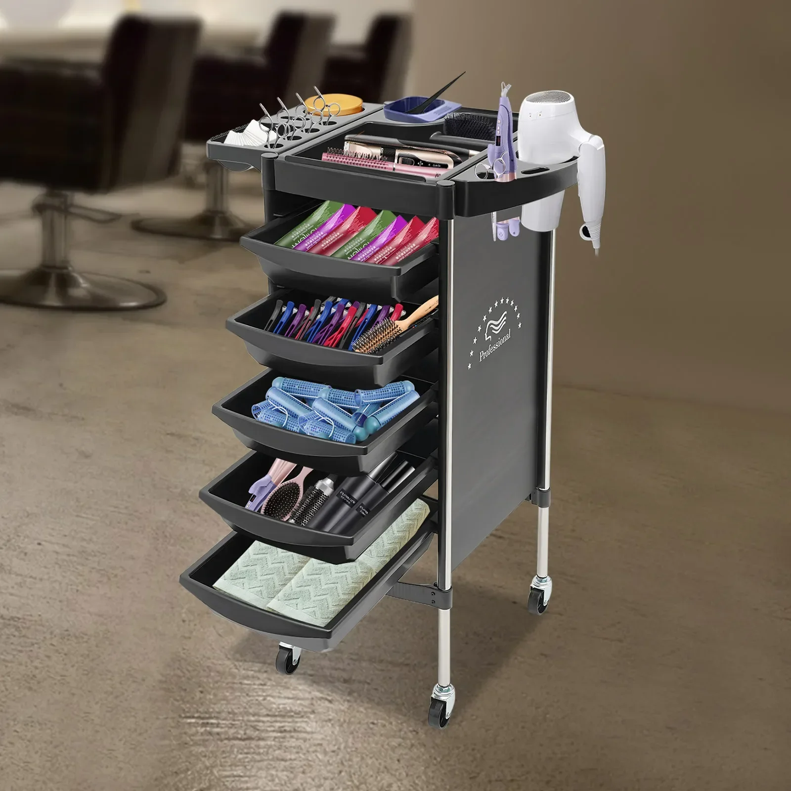Friseurwagen mit 5 Schubladen und Rollen, Arbeitswagen, Friseurwagen für Stylisten, Friseurwagen, Haarstyling-Spa – Detail 3
