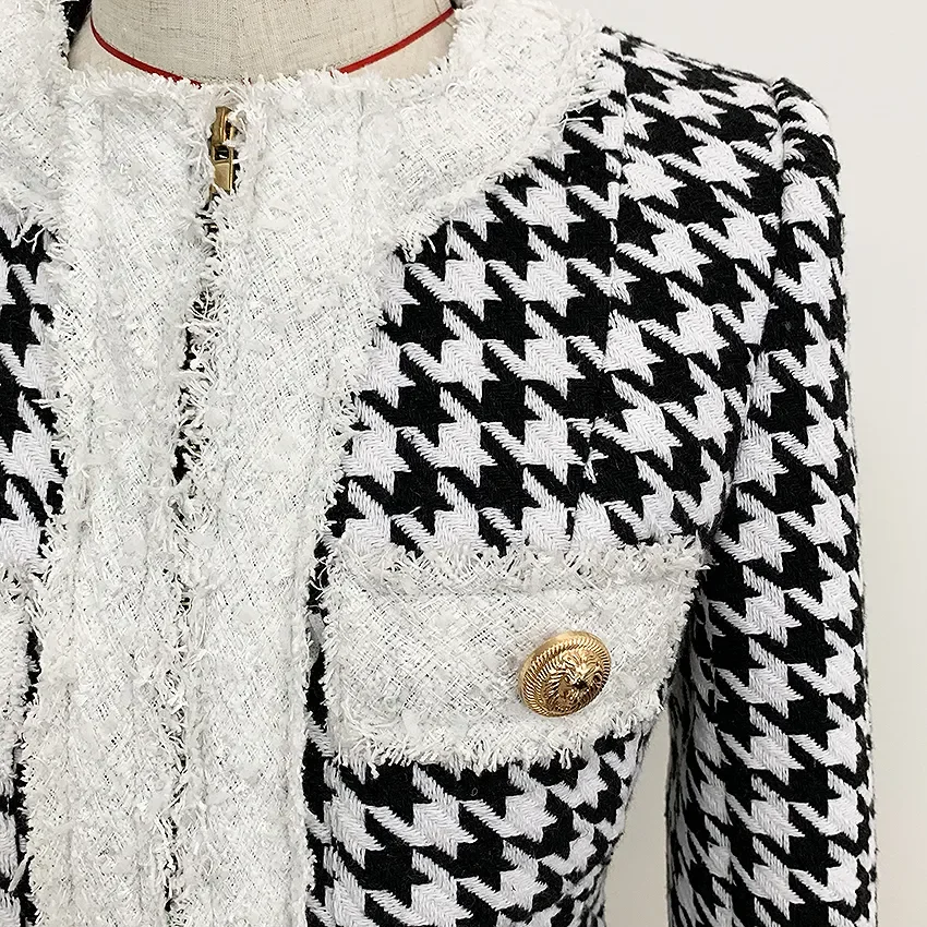 2023 HIGH QUALITY Newest 2023 Autumn Winter Baroque Designer Women's Color Block Zip Houndstooth Fringed Tweed Jacket OverCoat